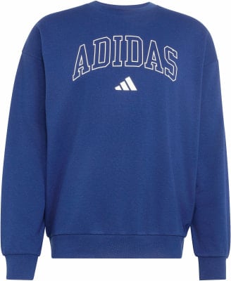 Blaue Adidas-Sweatshirt mit weißem Logo und Adidas-Schriftzug darüber.