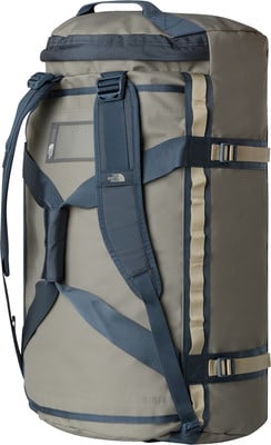 Grauer Reisetasche mit blauen Gurten und The North Face Logo. Grauer Reisetasche mit blauen Gurten und The North Face Logo.