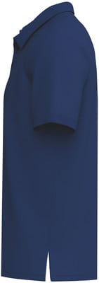Seitenansicht eines dunkelblauen Poloshirts mit kurzen Ärmeln und Seitenschlitzen. Seitenansicht eines dunkelblauen Poloshirts mit kurzen Ärmeln und Seitenschlitzen.
