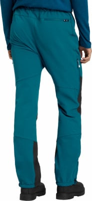 Rückansicht einer dunkel-türkisfarbenen Hose mit schwarzen Einsätzen und Reißverschlüssen. Rückansicht einer dunkel-türkisfarbenen Hose mit schwarzen Einsätzen und Reißverschlüssen.