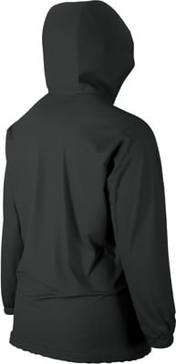 Rückansicht einer schwarzen Kapuzenjacke, Ganzkörper.