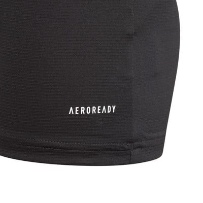 Schwarzer Stoff mit weißem AEROREADY-Schriftzug. Schwarzer Stoff mit weißem AEROREADY-Schriftzug.