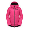 Eine pinke Skijacke mit Kapuze und schwarzen Reißverschlüssen.