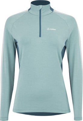 Damen hellblaues Funktionsshirt mit langen Ärmeln und dunkelblauem Kragen. Damen hellblaues Funktionsshirt mit langen Ärmeln und dunkelblauem Kragen.
