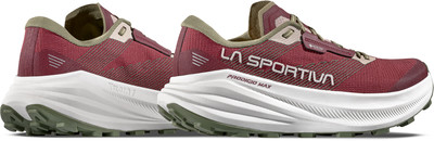 Zwei rote und grüne La Sportiva Prodigio Max Laufschuhe mit weißer Sohle.