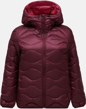 Burgund-farbene Damen-Daunenjacke mit Kapuze und Wellensteppung.