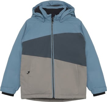 Blaue Kapuzenjacke mit Farbblöcken und durchgehendem Reißverschluss.