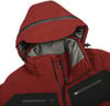 Rote Jacke mit Kapuze und schwarzen Details, Reißverschluss.
