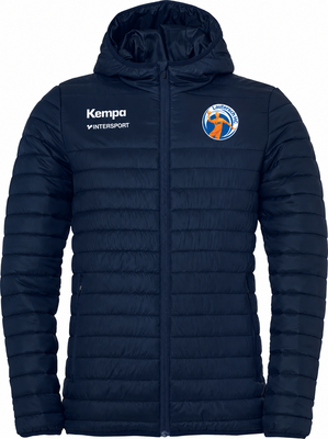 Dunkelblaue Steppjacke mit Kempa und Intersport Logo und rundem Emblem.