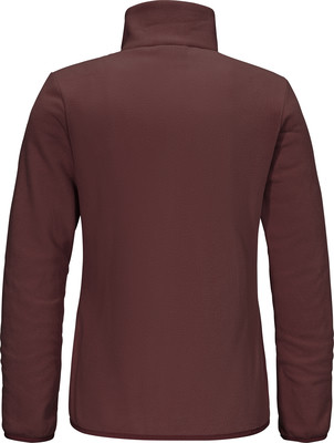 Rückansicht einer dunkelroten Fleecejacke mit Stehkragen. Rückansicht einer dunkelroten Fleecejacke mit Stehkragen.
