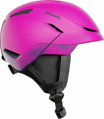 Ein pinker Atomic-Skihelm mit schwarzen Details und verstellbarem Riemen. Ein pinker Atomic-Skihelm mit schwarzen Details und verstellbarem Riemen.