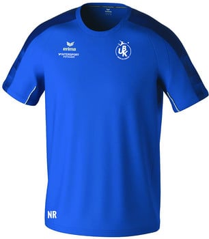 Blaues Sport-T-Shirt mit Logo und Schriftzug auf Brust und Ärmel.