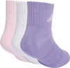 Drei Paar Kindersocken in Rosa, Weiß und Lila mit Adidas-Logo.