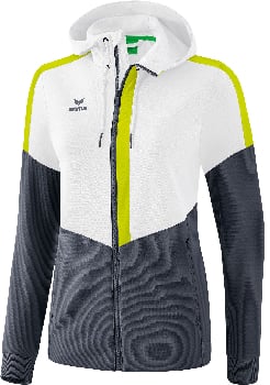 Weiße Damenjacke von Erima mit grauen und gelben Streifen, Reißverschluss und Kapuze.