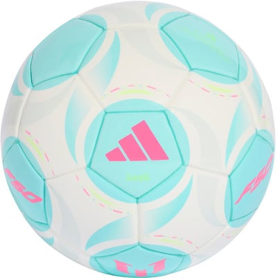 Ein Adidas Fußball mit Logo und rosa Details auf weißem Hintergrund. Ein Adidas Fußball mit Logo und rosa Details auf weißem Hintergrund.