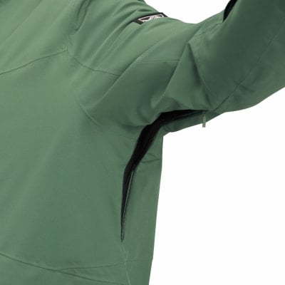 Grüne Jacke mit offenem Ärmelreißverschluss und Tasche.