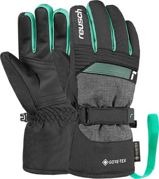 Schwarze Reusch Skihandschuhe mit türkisen Details und Gore-Tex Logo.