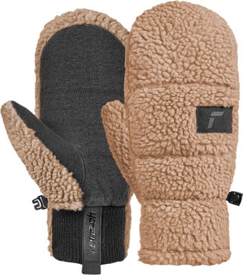 Braune Sherpa-Fäustlinge mit schwarzem Futter und Reusch-Logo. Braune Sherpa-Fäustlinge mit schwarzem Futter und Reusch-Logo.