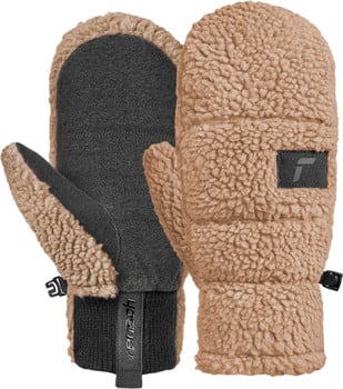 Braune Sherpa-Fäustlinge mit schwarzem Futter und Reusch-Logo.