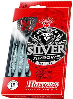 Harrows Silver Arrows Softip Dart-Set mit Chrom-Finish. Harrows Silver Arrows Softip Dart-Set mit Chrom-Finish.