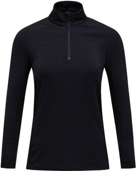 Schwarzes Damen-Langarmshirt mit halbem Reißverschluss.