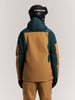 Rückansicht einer Skijacke und Hose mit Helm.