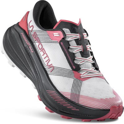 La Sportiva Prodigio Max Laufschuh mit weißem und pinkem Obermaterial.