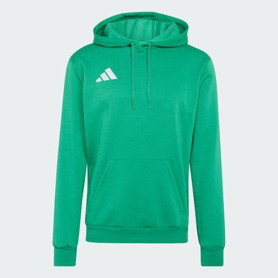 Grüner Kapuzenpullover mit weißem Adidas-Logo auf der Brust. Grüner Kapuzenpullover mit weißem Adidas-Logo auf der Brust.