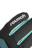 Detail eines Reusch-Handschuhs mit Logo und türkisfarbenen Elementen.