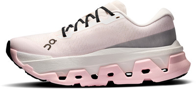Ein rosafarbener Laufschuh mit weißer und grauer Sohle und schwarzen Schnürsenkeln. Ein rosafarbener Laufschuh mit weißer und grauer Sohle und schwarzen Schnürsenkeln.