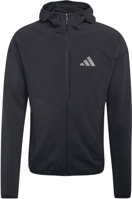 Schwarze Herrenjacke mit Kapuze und Adidas-Logo auf der Brust. Schwarze Herrenjacke mit Kapuze und Adidas-Logo auf der Brust.