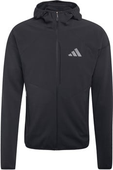 Schwarze Herrenjacke mit Kapuze und Adidas-Logo auf der Brust.