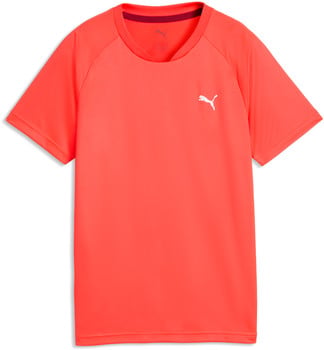Orangefarbenes Puma T-Shirt mit kurzen Ärmeln und weißem Logo auf der Brust.