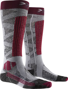 Zwei hohe Socken mit geometrischem Muster in Grau, Weinrot und Schwarz.