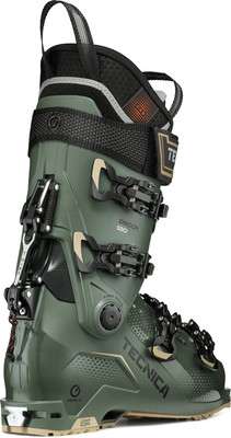 Ein grüner Tecnica Skischuh mit schwarzen Schnallen und Markenlogo.