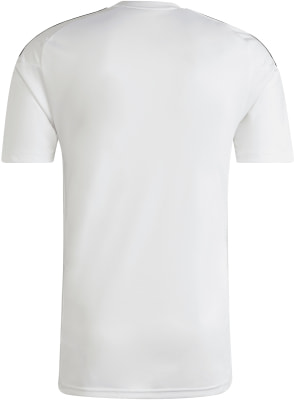 Rückseite eines weißen T-Shirts mit schwarzen Streifen an den Schultern. Rückseite eines weißen T-Shirts mit schwarzen Streifen an den Schultern.