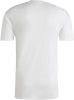 Rückseite eines weißen T-Shirts mit schwarzen Streifen an den Schultern.