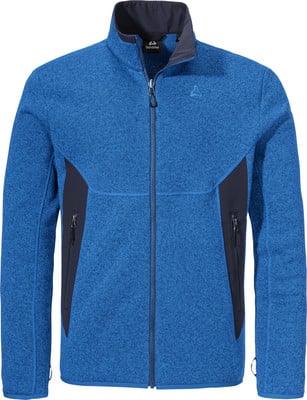 Blaue Herren-Fleecejacke mit Reißverschluss und dunklen Einsätzen. Blaue Herren-Fleecejacke mit Reißverschluss und dunklen Einsätzen.