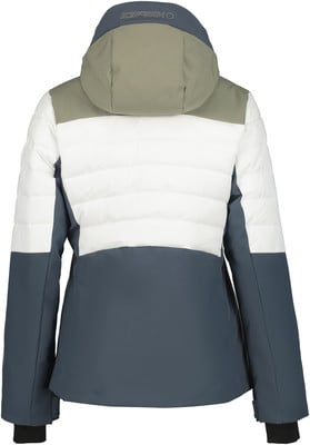 Rückansicht einer Damen-Skijacke mit Kapuze und Farbblöcken. Rückansicht einer Damen-Skijacke mit Kapuze und Farbblöcken.