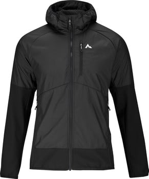 Schwarze Herrenjacke mit Kapuze und Logo, geeignet für Outdoor-Aktivitäten.