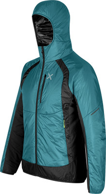 Grüne Herrenjacke mit Kapuze und schwarzen Einsätzen, geeignet für Outdoor-Aktivitäten.