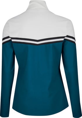 Dunkelblaue Damenjacke mit weißem Kragen und schwarz-weißen Streifen. Dunkelblaue Damenjacke mit weißem Kragen und schwarz-weißen Streifen.