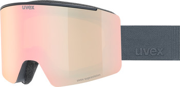 Skibrille von Uvex mit rosafarbener Spiegellinse und dunklem Band.