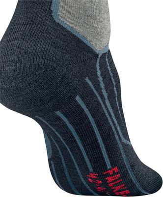 Dunkelblaue Socke mit grauem Streifenmuster und Logo. Dunkelblaue Socke mit grauem Streifenmuster und Logo.
