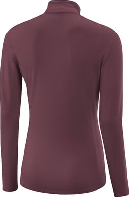 Rückansicht eines dunkelweinroten Damen-Langarmtops mit Stehkragen. Rückansicht eines dunkelweinroten Damen-Langarmtops mit Stehkragen.