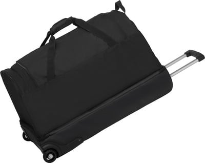 Schwarze Reisetasche auf Rädern mit Teleskopgriff und Henkeln. Schwarze Reisetasche auf Rädern mit Teleskopgriff und Henkeln.