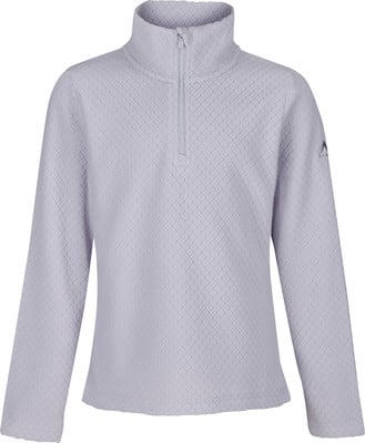 Fliederfarbener Fleece-Pullover mit Stehkragen, kurzem Reißverschluss und Muster. Fliederfarbener Fleece-Pullover mit Stehkragen, kurzem Reißverschluss und Muster.
