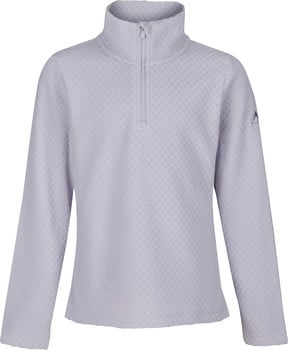 Fliederfarbener Fleece-Pullover mit Stehkragen, kurzem Reißverschluss und Muster.