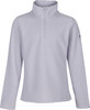 Fliederfarbener Fleece-Pullover mit Stehkragen, kurzem Reißverschluss und Muster.