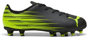 Fekete Puma futballcipő neon zöld csíkos dizájnnal és logóval.